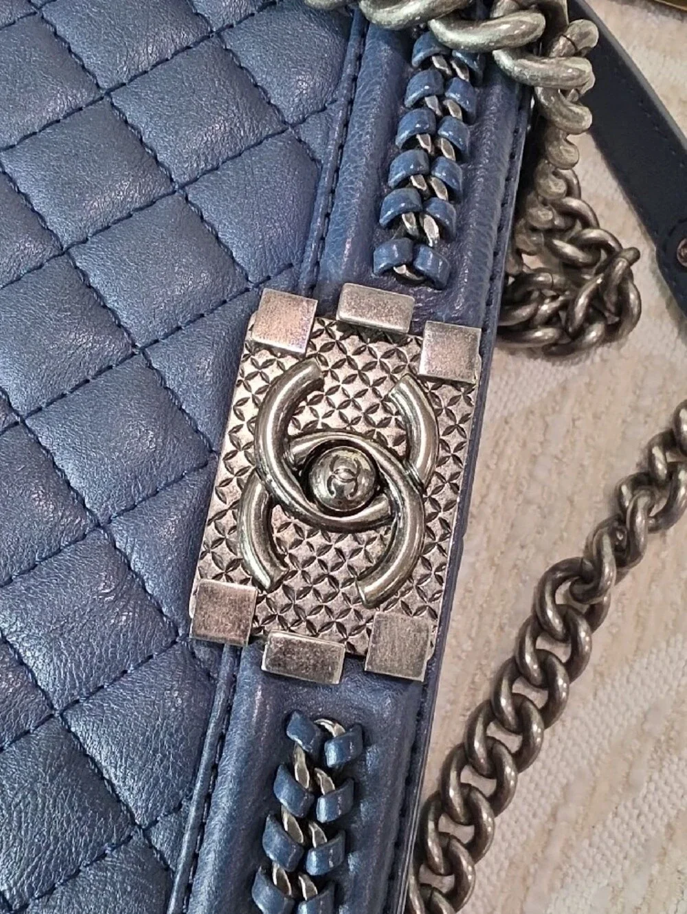 Chanel Boy Large Quilted Navy Leather Chain Top-Handle Shoulder Bag